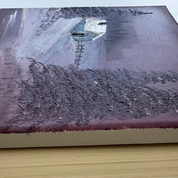 Cabin in the Woods Snowy Scene Purple Sky Oil Painting 8x10 - Picture 5 of 10